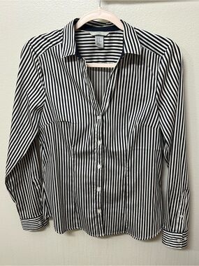 Black and White Pinstripe Collared Low Neck Button-Up Dress Shirt